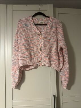 Stitched Pink Multicolor V-Neck Button Cardigan Sweater -